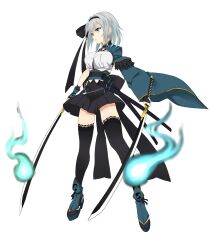 Rule 34 | 1girl, alternate costume, aqua eyes, black gloves, black hairband, black skirt, black thighhighs, breasts, commentary request, fingerless gloves, from side, full body, gloves, grey hair, hairband, hitodama, holding, holding sword, holding weapon, katana, konpaku youmu, large breasts, long sleeves, multiple swords, parted lips, shirt, short hair, simple background, skirt, solo, suiu shinotsuku, sword, thighhighs, touhou, variant set, weapon, white background, white shirt, wide sleeves