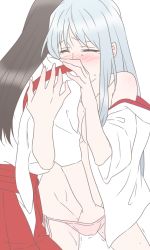 Rule 34 | 10s, 2girls, ^ ^, akagi (kancolle), bad id, bad pixiv id, blush, breasts, brown hair, cleavage, closed eyes, closed eyes, female focus, fingering, fingerless gloves, gloves, groin, hakama, hand in panties, japanese clothes, kantai collection, long hair, miko, multiple girls, navel, no bra, no pants, off shoulder, open clothes, open shirt, panties, pink panties, red hakama, shirt, shoukaku (kancolle), side-tie panties, silver hair, simple background, sweat, tears, trembling, udon (shiratama), underwear, white background, yuri