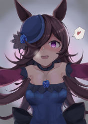 1girl absurdres bare_shoulders blue_dress blue_flower blue_hat blue_rose blush breasts brown_hair dress flower hair_over_one_eye hat hat_flower heart highres horse_girl long_hair off-shoulder_dress off_shoulder open_mouth purple_eyes rice_shower_(umamusume) rose saliva short_dress small_breasts solo tilted_headwear umamusume waity_awa