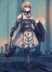 Rule 34 | 1girl, armor, bad id, bad tumblr id, bee (deadflow), belt, black eyes, blood, blood on clothes, blood on face, boots, brown hair, cleric (tree of savior), gauntlets, gloves, greaves, hammer, holding, holding weapon, low twintails, original, paladin (tree of savior), scale armor, shield, short hair, short twintails, solo, tree of savior, twintails, war hammer, warhammer, weapon