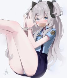 Rule 34 | 1girl, ass, bare legs, blue eyes, blue shirt, blue skirt, blush, bow, breast pocket, collared shirt, cuffs, flat chest, gag, hair bow, handcuffs, highres, improvised gag, indie virtual youtuber, legs up, long hair, looking at viewer, miniskirt, nose blush, panties, pencil skirt, pocket, police, police uniform, policewoman, retorillo, shanoa (vtuber), shirt, shirt tucked in, short sleeves, silver hair, simple background, skirt, solo, suspenders, tape, tape gag, thighs, two side up, underwear, uniform, virtual youtuber, white background, white panties
