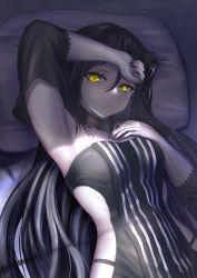 Rule 34 | 1girl, absurdres, android, armpits, bed, black hair, black nails, breasts, commentary, detached sleeves, dreamer (girls&#039; frontline), expressionless, eyelashes, girls&#039; frontline, highres, long hair, looking at viewer, lying, medium breasts, nail polish, on back, on bed, pale skin, pillow, revealing clothes, sangvis ferri, waking up, yellow eyes
