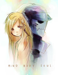Rule 34 | 1boy, alphonse elric, androgynous, armor, back-to-back, blonde hair, brown eyes, commentary, dated, english commentary, english text, fullmetal alchemist, helmet, kaiami (kaia tseng), long hair, looking away, male focus, multicolored background, signature, simple background, skinny, smile, text focus, white background