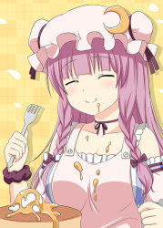 Rule 34 | 1girl, apron, bare shoulders, braid, collarbone, cpu (hexivision), crescent, crescent hair ornament, dress, eating, food, food on clothes, food on face, fork, hair ornament, hat, long hair, messy, mob cap, pancake, patchouli knowledge, purple hair, smile, solo, striped clothes, striped dress, touhou, twin braids