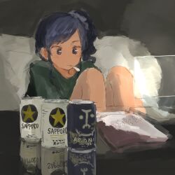 Rule 34 | 1girl, aikatsu!, aikatsu! (series), aooni beer, bag of chips, beer can, blue eyes, blue hair, can, closed mouth, commentary request, drink can, eye reflection, green shirt, grey background, hair ornament, hair scrunchie, high side ponytail, highres, holographic monitor, indoors, kiriya aoi, knees up, looking at screen, medium hair, mouth hold, pillow, reclining, reflection, reflective table, sapporo beer, scrunchie, shirt, side ponytail, solo, swept bangs, table, takekumo