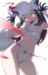 Rule 34 | 1girl, akari (pokemon), animal ears, black gloves, breasts, chest sarashi, claw pose, claws, commentary request, cosplay, creatures (company), fundoshi, game freak, gloves, halloween, hands up, hisuian zorua, hisuian zorua (cosplay), japanese clothes, long hair, looking at viewer, navel, nintendo, open mouth, pokemon, pokemon legends: arceus, sarashi, simple background, small breasts, smile, solo, tail, teeth, ter (otokoter), yellow eyes
