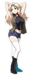 Rule 34 | 1girl, absurdres, adapted costume, arms behind head, arms up, black footwear, black shirt, blonde hair, blue eyes, blue shorts, boots, brown jacket, commentary, denim, denim shorts, full body, girls und panzer, grin, hair intakes, highres, jacket, kamishima kanon, kay (girls und panzer), long hair, looking to the side, micro shorts, midriff, military, military uniform, navel, open mouth, saunders military uniform, shirt, shorts, simple background, skindentation, sleeveless, sleeveless jacket, smile, solo, standing, thighhighs, uniform, white background, white thighhighs