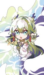 Rule 34 | 1girl, arknights, bare shoulders, blue eyes, blue hair, choker, colored skin, colored tips, dragon girl, dragon horns, earrings, green hair, hair between eyes, highres, holding, holding wheat, horns, jacket, jewelry, long hair, long sleeves, looking at viewer, multicolored hair, off shoulder, open mouth, partially submerged, pointy ears, shirt, shu (arknights), smile, solo, strapless, strapless shirt, tassel, tassel earrings, white jacket, white shirt, yucha-zhou