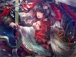 Rule 34 | 1girl, bell, black hair, bow, chama (painter), cherry blossoms, dark, detached sleeves, expressionless, facepaint, facial mark, faux traditional media, hair bow, hair ornament, hair ribbon, hair tubes, hairpin, hakurei reimu, holding, jingle bell, kagura suzu, lips, looking back, markings, medium request, night, nose, petals, purple eyes, realistic, ribbon, ribbon-trimmed sleeves, ribbon trim, serious, sleeveless, tassel, touhou, traditional clothes, tree, branch, upper body, vest, yin yang
