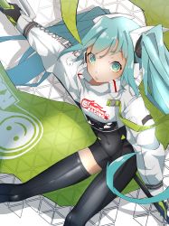 Rule 34 | 1girl, 999ool, absurdres, aqua eyes, aqua hair, asymmetrical clothes, asymmetrical legwear, black bodysuit, black thighhighs, bodystocking, bodysuit, bodysuit under clothes, covered navel, crop top, crop top overhang, cropped jacket, female focus, gloves, goodsmile racing, hatsune miku, highres, holding, holding pole, jacket, long hair, long sleeves, looking at viewer, pole, racing miku, racing miku (2022), single thighhigh, solo, thighhighs, twintails, very long hair, vocaloid, white jacket