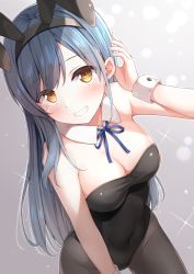 Rule 34 | 1girl, animal ears, bare arms, bare shoulders, black leotard, blue hair, blue ribbon, blush, breasts, brown eyes, cleavage, commentary request, covered navel, cowboy shot, detached collar, fake animal ears, gradient background, grey pantyhose, grin, groin, hairband, hand up, karutamo, leotard, long hair, looking at viewer, medium breasts, neck ribbon, original, pantyhose, playboy bunny, rabbit ears, ribbon, sidelocks, smile, solo, sparkle, teeth, very long hair, wrist cuffs