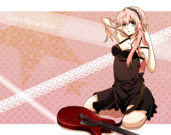 1girl aqua_eyes bad_id bad_pixiv_id breasts dress female_focus full_body guitar hairband instrument long_hair megurine_luka pink_hair sitting solo vocaloid yucco_kxoxc