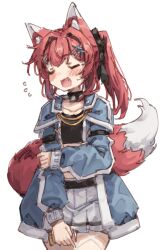 Rule 34 | 1girl, absurdres, animal ear fluff, animal ears, belt, belt skirt, blue jacket, blush, closed eyes, collar, collarbone, commentary, cowboy shot, crop top, english commentary, fang, fox ears, fox girl, fox tail, hair intakes, hair ornament, hair ribbon, hairclip, highres, holding own arm, jacket, kemonomimi mode, leather belt, long sleeves, medium hair, open clothes, open jacket, open mouth, original, pleated skirt, raika (rune (dualhart)), ribbon, rune (dualhart), side ponytail, sidelocks, simple background, sketch, skirt, solo, spiked collar, spikes, tail, upper body, white background, white skirt