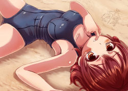 Rule 34 | 1girl, beach, blush, breasts, brown eyes, brown hair, kantai collection, looking at viewer, lying, medium breasts, mutsuki (kancolle), on back, one-piece swimsuit, ootori (kyoya-ohtori), parted lips, sand, sand on skin, school swimsuit, short hair, solo, swimsuit, text focus
