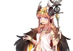 Rule 34 | 1girl, bare shoulders, bird wings, blue eyes, blush, bracelet, brown wings, circe (fate), circlet, fate/grand order, fate (series), feathered wings, flat chest, gold, head wings, highres, himey, holding, holding staff, jewelry, long hair, looking at viewer, navel, necklace, open mouth, pink hair, pointy ears, solo, staff, upper body, white background, wings