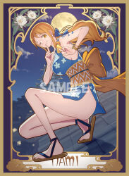 Rule 34 | 1girl, ass, bangle, bare legs, bare shoulders, blue kimono, blue ribbon, bracelet, breasts, building, character name, closed mouth, cloud, cloudy sky, commentary request, earrings, finger to mouth, floral print, flower, from side, full body, full moon, gold bar, hair ribbon, highres, holding, index finger raised, japanese clothes, jewelry, kimono, large breasts, light smile, log pose, long hair, looking at viewer, looking to the side, low ponytail, moon, nami (one piece), nami (one piece) (wano), night, night sky, ninja, obi, official alternate costume, official alternate hairstyle, on roof, one eye closed, one piece, orange eyes, orange hair, orange sash, outdoors, pearl earrings, print kimono, ribbon, sample watermark, sandals, sash, short kimono, shoulder tattoo, sidelocks, sky, sleeveless, sleeveless kimono, smile, solo, squatting, tattoo, toeless footwear, toes, tomiwo, watermark, white flower, wide hips, wink