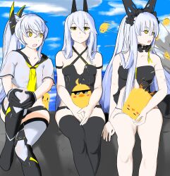 3girls armband azur_lane backless_dress backless_outfit black_thighhighs blue_sky cloud cloudy_sky collarbone commentary_request day dress expressionless gloves grey_hair hands_on_lap hands_on_own_knee headgear highres long_hair manjuu_(azur_lane) multiple_girls nayutadaze observer_alpha_(azur_lane) open_mouth ponytail purifier_(azur_lane) sailor_collar school_uniform serafuku short_shorts shorts siren_(azur_lane) sitting sky tester_(azur_lane) thighhighs very_long_hair yellow_eyes