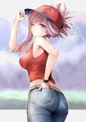 Rule 34 | 1girl, absurdres, adjusting clothes, adjusting headwear, alternate costume, ass, asymmetrical hair, autumn leaves, bare shoulders, blue sky, blurry, breasts, cloud, contemporary, cowboy shot, day, denim, depth of field, fate/grand order, fate (series), from behind, from below, hand in pocket, hane yuki, hat, head tilt, heroic spirit traveling outfit, highres, large breasts, long hair, looking at viewer, looking back, midriff, miyamoto musashi (fate), miyamoto musashi (traveling outfit) (fate), one eye closed, pants, pink hair, ponytail, puckered lips, purple eyes, revision, shirt, sky, sleeveless, sleeveless shirt, solo, standing, tank top