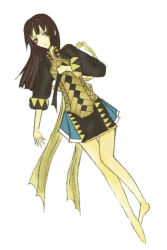Rule 34 | 1girl, bare legs, barefoot, black skirt, brown eyes, brown hair, full body, gensou suikoden, gensou suikoden v, hand on own chest, long hair, long sleeves, looking at viewer, miakis (suikoden), miniskirt, simple background, skirt, solo, thigh gap, white background