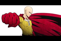 Rule 34 | 1boy, bald, black eyes, cape, chris re5, clenched hand, foreshortening, gloves, highres, letterboxed, male focus, one-punch man, red gloves, saitama (one-punch man), serious, signature, solo, upper body, zipper