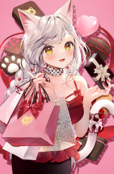 Rule 34 | 1girl, :d, animal ear fluff, animal ears, bag, bare shoulders, black skirt, box, braid, breasts, brown eyes, camisole, cat ears, cat girl, cat tail, chocolate, collarbone, fangs, fingernails, gift, gift box, heart, heart background, highres, holding, holding bag, holding gift, long fingernails, long hair, looking at viewer, medium breasts, momoshiki tsubaki, nail art, nail polish, open mouth, original, paper bag, pink background, red camisole, red nails, silver hair, skirt, smile, solo, tail, tail raised, twin braids, valentine, very long hair