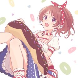 Rule 34 | 1girl, blush, bow, breasts, brown eyes, brown hair, cleavage, collarbone, demirinz, doughnut, dress, earrings, food, hair ribbon, idolmaster, idolmaster cinderella girls, idolmaster cinderella girls starlight stage, jewelry, long hair, looking at viewer, multicolored clothes, multicolored dress, necklace, open mouth, polka dot, polka dot ribbon, ponytail, puffy sleeves, ribbon, roller skates, scrunchie, shiina noriko, short sleeves, simple background, skates, small breasts, smile, socks, solo, white background, white socks