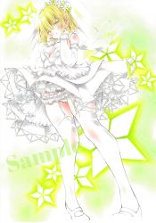 Rule 34 | 1girl, alternate costume, arim0k0, blonde hair, blush, body blush, breasts, bridal veil, closed mouth, commentary request, detached sleeves, dress, flower, frilled sleeves, frills, full body, garter belt, green eyes, hair flower, hair ornament, half updo, highres, looking at viewer, medium breasts, mizuhashi parsee, panties, pantyshot, pointy ears, sample watermark, short dress, short hair, small breasts, solo, strapless, strapless dress, thighhighs, touhou, underwear, veil, watermark, wedding dress, white dress, white flower, white panties, white sleeves, white thighhighs