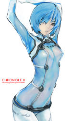 Rule 34 | 00s, 1girl, arms up, ayanami rei, blue hair, breasts, covered erect nipples, cowboy shot, hair over one eye, highres, kiyohisa, medium breasts, neon genesis evangelion, pale skin, plugsuit, rebuild of evangelion, red eyes, short hair, simple background, solo, stretching, test plugsuit, white background