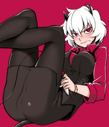Rule 34 | 1girl, ass, black footwear, black horns, black nails, black pantyhose, black skirt, black vest, blush, boots, bracelet, buttons, commentary request, controller, demon girl, demon horns, full body, helltaker, highres, holding, holding controller, horns, jewelry, kagehito, knee boots, knees up, lips, long sleeves, looking at viewer, malina (helltaker), medium hair, nail polish, pantyhose, red background, red eyes, red shirt, shirt, simple background, skirt, sleeve cuffs, solo, v-shaped eyebrows, vest, white hair