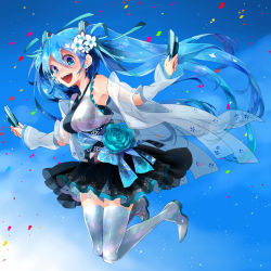 Rule 34 | 1girl, :d, alternate costume, aqua eyes, aqua hair, armpits, bare shoulders, black skirt, blue sky, boots, day, dual wielding, flower, full body, gradient background, hair flower, hair ornament, hair ribbon, hatsune miku, highres, holding, japanese clothes, kimono, long hair, looking at viewer, naruko (instrument), obi, open mouth, paddle, plastick, ribbon, sash, see-through, skirt, sky, smile, solo, thigh boots, thighhighs, twintails, veil, very long hair, vocaloid, yosakoi, zettai ryouiki