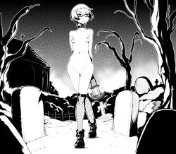 Rule 34 | 1girl, arms behind back, bare tree, body freckles, boots, breasts, bush, church, collarbone, commentary, cross, earrings, female focus, fence, fishnet thighhighs, fishnets, freckles, full body, geewhy, graveyard, greyscale, highres, holding, holding lantern, jewelry, lantern, looking away, monochrome, motion lines, navel, navel piercing, night, nipple piercing, nipples, nude, original, outdoors, over-kneehighs, parted lips, piercing, pussy, short hair, small breasts, solo, standing, stud earrings, thighhighs, tombstone, tree, uncensored, wind
