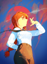 Rule 34 | 1girl, absurdres, arm behind back, artist name, black necktie, black pants, braid, braided ponytail, chainsaw man, closed mouth, cloud, cloudy sky, collared shirt, commentary, cowboy shot, floating neckwear, formal, hand up, highres, long hair, looking at viewer, makima (chainsaw man), necktie, office lady, pants, raneblu, red hair, ringed eyes, shirt, shirt tucked in, sky, solo, standing, watermark, white shirt