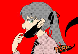 Rule 34 | 1girl, black necktie, burningblossom, collarbone, cracked skin, extra eyelids, from side, green eyes, hair behind ear, lizard tail, mask pull, mukasete! ryuugasaki-san, necktie, parody, pink shirt, red background, reptile girl, ryuugasaki-san, shirt, smile, solo, striped necktie, tail, twintails, vampire (vocaloid), vocaloid