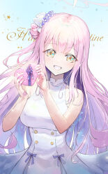 Rule 34 | 1girl, absurdres, blue archive, blush, box, breasts, dress, flower, gift, gift box, grin, hair bun, hair flower, hair ornament, happy valentine, heart-shaped box, highres, holding, holding gift, large breasts, long hair, looking at viewer, mika (blue archive), pink hair, purple flower, revision, single side bun, sleeveless, sleeveless dress, smile, solo, soramiruku, valentine, white dress, yellow eyes
