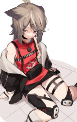 Rule 34 | 1girl, ?, absurdres, animal ears, arknights, arm support, black jacket, black skirt, breasts, brown hair, cutter (arknights), fox ears, fox girl, grey socks, hair ornament, hairclip, highres, jacket, knee pads, looking at viewer, off shoulder, red eyes, red shirt, shirt, short hair, signal 1120, simple background, sitting, skindentation, skirt, sleeveless, sleeveless shirt, small breasts, socks, solo, thigh strap, white background, x hair ornament