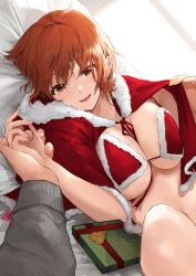 Rule 34 | 1boy, 1girl, absurdres, akito (d30n26), bikini, blush, box, breasts, brown eyes, capelet, christmas, commentary request, condom, condom wrapper, gift, gift box, hair over eyes, highres, holding hands, large breasts, looking at viewer, nagi (akito), orange hair, original, pillow, red bikini, red capelet, short hair, smile, swimsuit, teeth