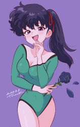 Rule 34 | 1girl, absurdres, black flower, black hair, black rose, breasts, closed mouth, flower, green leotard, highres, kunou kodachi, large breasts, leotard, long hair, looking at viewer, open mouth, ranma 1/2, ribbon, rose, side ponytail, smile, solo, thighs, tsunemoku