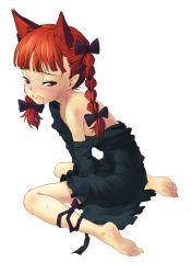 Rule 34 | 1girl, animal ears, barefoot, blush, braid, cat ears, cat girl, clenched teeth, extra ears, face, fangs, feet, female focus, frown, kaenbyou rin, nametake, off shoulder, pointy ears, red eyes, red hair, sitting, soles, solo, tears, teeth, toes, touhou, twin braids, wariza