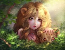 Rule 34 | 1girl, animal, animal ears, blurry, branch, brown eyes, brown hair, brown nails, criss-cross halter, cub, dappled sunlight, day, depth of field, eyelashes, fingernails, fluffy, halterneck, highres, jewelry, lion ears, long hair, looking at viewer, mole, mole under eye, nature, necklace, original, parted lips, pedohika, peeking out, sharp fingernails, sunlight
