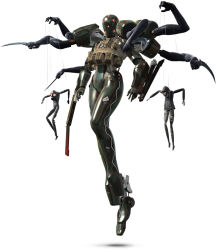 Rule 34 | 1girl, 3d, armor, bodysuit, character doll, extra arms, female focus, floating, full body, knife, konami, marionette, mecha, metal gear (series), metal gear solid 4: guns of the patriots, official art, power armor, power suit, psycho mantis, puppet, robot, screaming mantis, simple background, solo, the sorrow, weapon