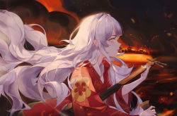 Rule 34 | 1girl, absurdres, biwa (heike monogatari), biwa lute, building, burning, crying, crying with eyes open, fire, floating hair, flower, from side, grey hair, hand up, heike monogatari, highres, holding, holding instrument, holding plectrum, instrument, japanese clothes, jourmey, kimono, long hair, long sleeves, lute (instrument), music, night, night sky, outstretched arms, parted lips, playing instrument, plectrum, profile, red flower, red kimono, sky, solo, tears, upper body, very long hair, wide sleeves, yellow eyes
