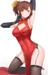 Rule 34 | alternate hairstyle, arm up, armpits, black footwear, black gloves, black thighhighs, bracelet, breasts, china dress, chinese clothes, cleavage, cleavage cutout, clothing cutout, dress, earrings, elbow gloves, frown, garter belt, garter straps, gloves, hair ornament, hairclip, high heels, highres, higuchi madoka, idolmaster, idolmaster shiny colors, jewelry, light blush, looking at viewer, medium breasts, mole, mole under eye, red dress, red eyes, red hair, shougun (chuckni1), sidelocks, simple background, sleeveless, sleeveless dress, solo, thighhighs, white background