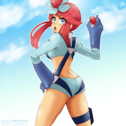 Rule 34 | 1girl, ass, blue eyes, blue gloves, blue sky, chikada, creatures (company), cropped jacket, from behind, game freak, gloves, hand on own hip, holding, holding poke ball, looking at viewer, looking back, midriff, nintendo, open mouth, outline, poke ball, poke ball (basic), pokemon, pokemon bw, pouch, red hair, sky, skyla (pokemon), solo, thigh pouch, white outline