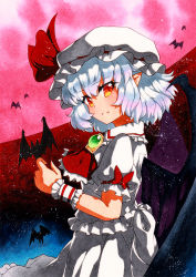Rule 34 | 1girl, ascot, bad id, bad pixiv id, bat (animal), bat wings, black wings, brooch, cowboy shot, frilled ascot, frilled shirt, frilled shirt collar, frilled skirt, frills, from side, green brooch, hair between eyes, hat, hat ribbon, jewelry, looking at viewer, looking to the side, mob cap, moon, open mouth, orange eyes, pointy ears, puffy short sleeves, puffy sleeves, qqqrinkappp, red ascot, red moon, red ribbon, remilia scarlet, ribbon, shirt, short hair, short sleeves, silver hair, skirt, solo, touhou, traditional media, white hat, white shirt, white skirt, wings, wrist cuffs