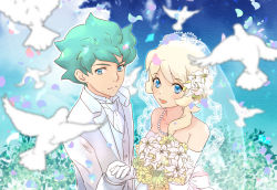 Rule 34 | 1boy, 1girl, :d, blonde hair, blue eyes, blue hair, blurry, blurry foreground, bouquet, bridal veil, closed mouth, collarbone, couple, dress, elbow gloves, emily armond, flit asuno, flower, gloves, gundam, gundam age, hetero, holding, holding bouquet, holding hands, husband and wife, jacket, long hair, medium hair, momoza r, necktie, open mouth, petals, shirt, smile, strapless, strapless dress, twitter username, veil, vest, wedding dress, white dress, white flower, white gloves, white jacket, white necktie, white shirt, white vest