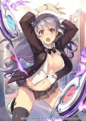 Rule 34 | &gt;:o, 1girl, :o, arms up, black thighhighs, bracelet, breasts, cleavage, dress shirt, galaxy dungeon, grey hair, jewelry, keypot, large breasts, long hair, navel, official art, open clothes, open shirt, purple eyes, ring, shirt, skirt, solo, thighhighs, v-shaped eyebrows