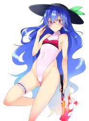 Rule 34 | 1girl, bespectacled, blue hair, garter belt, glasses, gradient hair, hat, highleg, highleg swimsuit, highres, hinanawi tenshi, kurokuro, long hair, looking at viewer, multicolored hair, one-piece swimsuit, pink one-piece swimsuit, red eyes, simple background, solo, swimsuit, sword, thigh strap, touhou, turtleneck, weapon, white background