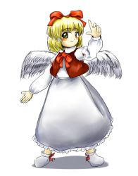 Rule 34 | 1girl, armband, blonde hair, blush, bow, dress, feathered wings, footwear ribbon, full body, gengetsu (touhou), hair ribbon, hand up, highres, long sleeves, looking to the side, official style, ofuton (niigata kenmin), red bow, ribbon, shoes, short hair, simple background, sketch, smile, socks, solo, touhou, touhou (pc-98), white background, white dress, white footwear, white socks, wings, yellow eyes, zun (style)