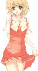 Rule 34 | 00s, 1girl, :d, blonde hair, bow, bowtie, brown eyes, clothes lift, dress, dress lift, kashimashi, luna lia, open mouth, osaragi hazumu, red dress, short hair, short sleeves, simple background, smile, solo, standing, white background