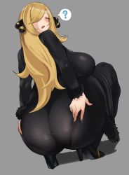Rule 34 | 1girl, ?, ass, ass grab, blonde hair, blush, breasts, chamchami, coat, creatures (company), cynthia (pokemon), game freak, grabbing own ass, grey background, high heels, huge ass, large breasts, long hair, looking at viewer, looking back, nintendo, pantylines, pokemon, pokemon dppt, solo, spoken question mark, squatting